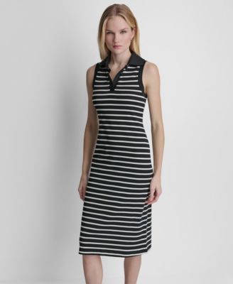 Women's Striped Sleeveless Collared Polo Midi Dress
