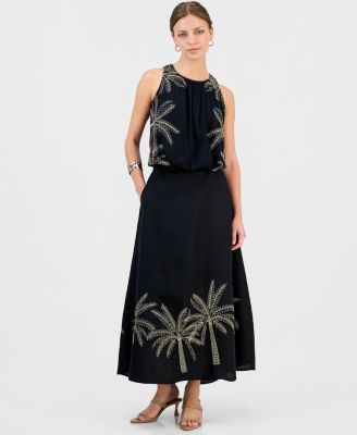 INC International Concepts Women's Petite Embroidered Midi Skirt - Black - Mid length skirts