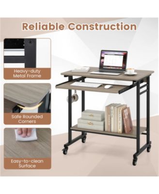 Rolling Computer Table with Pull-out Keyboard Tray and Storage Hooks
