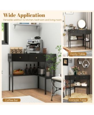 Triangle Corner Desk with Charging Station, 2 Drawers and Storage Shelf