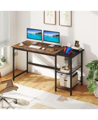 59 in Industrial Computer Desk with Built-in Charging Station and Storage Shelves