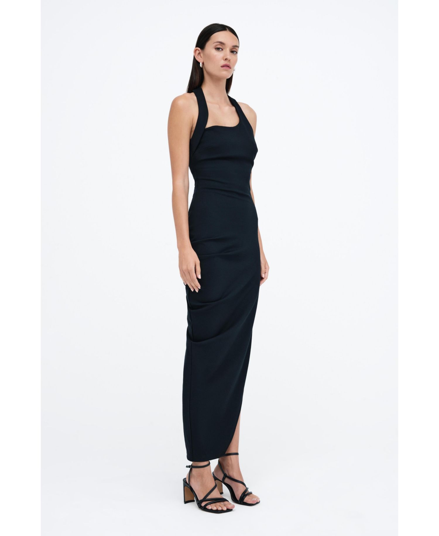 Women's Gallery Asymmetric-Drape Halter Open-Back Side-Slit Maxi Dress