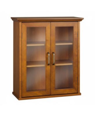 Wooden Over The Toilet Bathroom Cabinet 2 Adjustable Shelves 3 Storage Spaces 2 Glass-paneled Doors Antique Brass Knobs