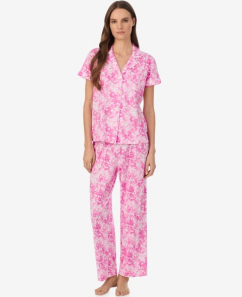Женские Lauren Ralph Lauren Women's Short-Sleeve Notch Collar Ankle Pant Pajama Set