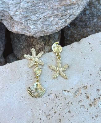 Gold Starfish and Shell Drop Earrings
