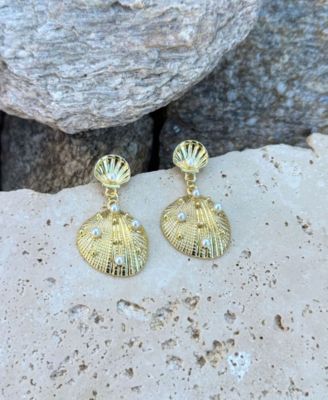 Gold Pearl-Studded Shell Drop Earrings