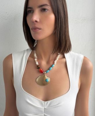 Gold Mixed Beaded Necklace Oversized Shell Bracelet