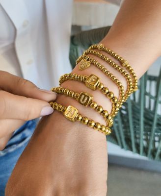 Cubic Zirconia Gold Set of 2 Initial Cube Bead Bracelet