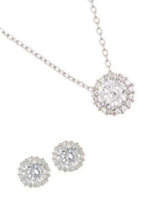 Crystal Silver 2-Piece Halo Pendant Necklace and Earrings Set