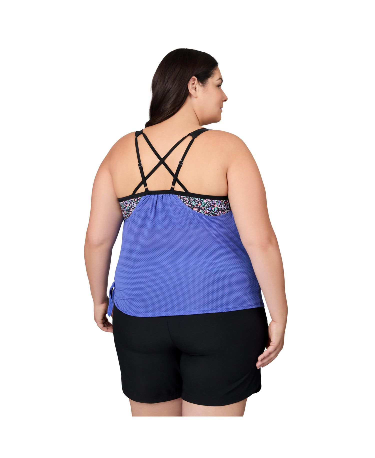 Plus Size Textured Mesh Side Tie Blouson Tankini Top
