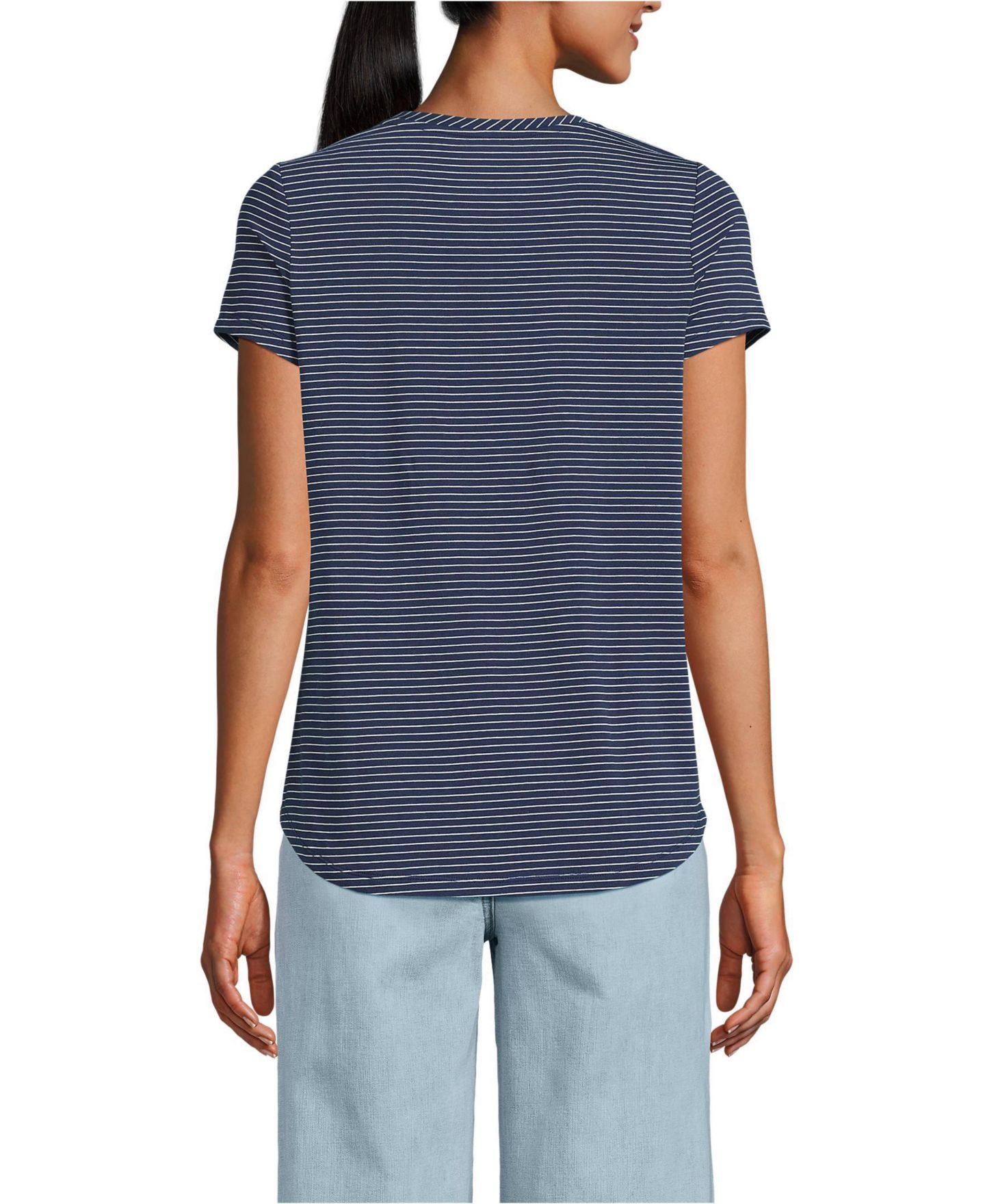 Женская футболка Lands' End Short Sleeve Lightweight Jersey Scoop Neck, цвет: Морской тёмно-синий полосатый — фото 2