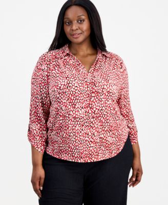 Plus Size Printed 3/4 Scrunch-Tab-Sleeve Blouse