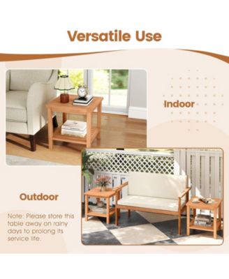 Patio Acacia Wood Side Table with Slatted Top and Storage Shelf