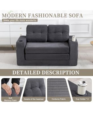 Convertible Sofa Bed, Corduroy Loveseat Floor Couch with Cup Holders and Pillows, Multi-functional Fold Out Sofa Bed for Living Room