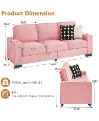Modern 3-Seater Sofa Couch, 83.86" Snowfleece Fabric Sofa, Comfy Compressed Couch with 2 Cup Holders for Living Room, Office