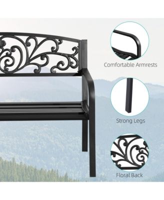 50" Outdoor Bench, Metal Garden Bench with Floral Pattern Backrest, Porch Bench