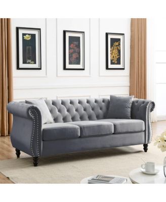 80" Velvet Sofa 3-Seater Tufted Chesterfield Couch Rolled Arm Nailhead
