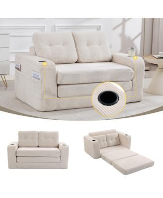 Convertible Sofa Bed - Boneless Loveseat Sofa, Fold Out Floor Couch with Cup Holder and Pillows, Corduroy Fabric for Living Room
