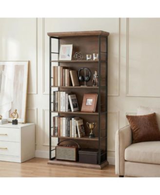 72'' Wooden Bookcase, 5-Tier Farmhouse Bookshelf, Free-Standing Display Storage Shelves
