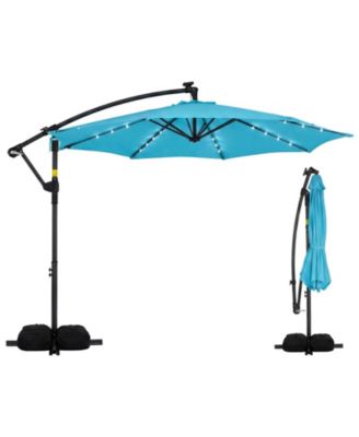 10 ft Solar Offset Hanging Umbrella with Base and LED Lights