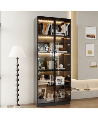 Display Cabinet with 4 Glass Doors and Lights, 5-Tier Storage Shelves,  Bookcases and Shelves