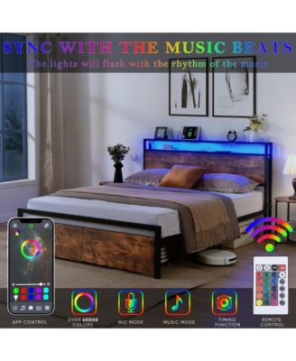 Queen Size Bed Frame with Storage Headboard, LED Lights and Charging Station, Platform Bed with 2 Drawers