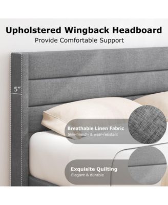 Linen Upholstered Platform Queen Bed Frame with Wingback Headboard