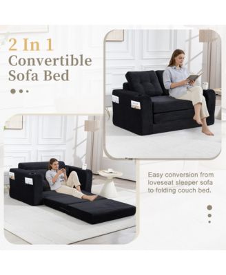 Convertible Sofa Bed, Foldable Loveseat Couch with Cup Holders and Pillows, Corduroy Fabric Futon for Living Room and Small Spaces