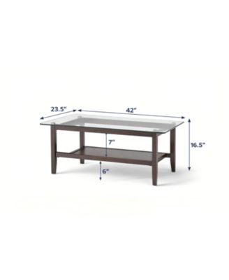 42 in Rectangular 2-Tier Tempered Glass Coffee Table with Rubber Wood Legs