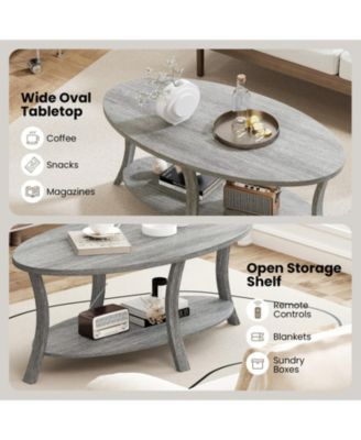 44 in Oval 2-Tier Rubber Wood Coffee Table with Open Storage Shelf