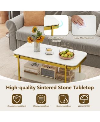 35.5 in Modern Sintered Stone 2-Tier Coffee Table with Gold Metal Frame