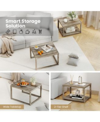Set of 2 Stackable Nesting Rectangular Coffee Tables with Storage Shelf