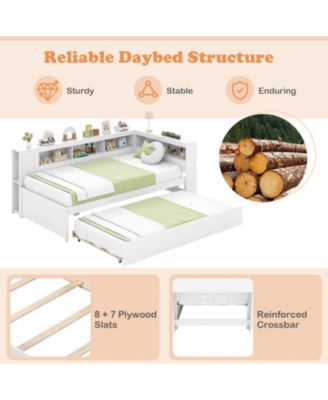 Twin Size Daybed Platform Bed Frame with Trundle and Bedside Shelves