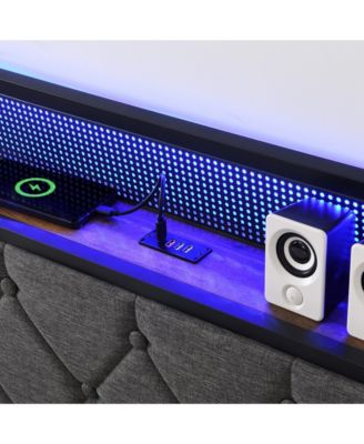 Full Size Upholstered Bed Frame with Storage Headboard, LED Lights and Charging Station, Platform Bed