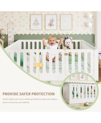 Low-Profile Full Size Floor Bed for Kids, Solid Wood Bed Frame with High Protective Fence and Door for Boys Girls, No Box Spring Required