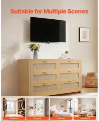 6 Drawer Rattan Dresser, Natural Rattan Chest with Metal Handle for Bedroom