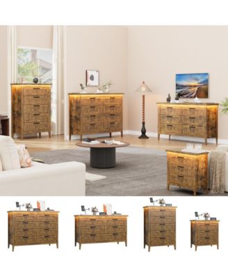 Farmhouse Drawer Dresser with Charging Station and LED Lights, Slim Wooden Bedroom Dresser