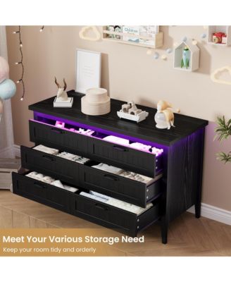 Farmhouse Drawer Dresser with Charging Station and LED Lights, Slim Wooden Bedroom Dresser