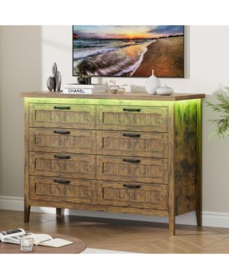 Farmhouse Drawer Dresser with Charging Station and LED Lights, Slim Wooden Bedroom Dresser