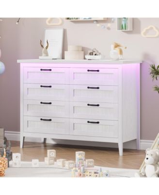 Farmhouse Drawer Dresser with Charging Station and LED Lights, Slim Wooden Bedroom Dresser