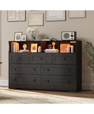 7-Drawer Wooden Chest of Drawers - Modern Dresser with USB Charging Station and LED Lights