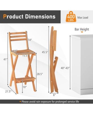 Folding Acacia Wood Bar Height Chair Set of 2 with Backrest and Footrest