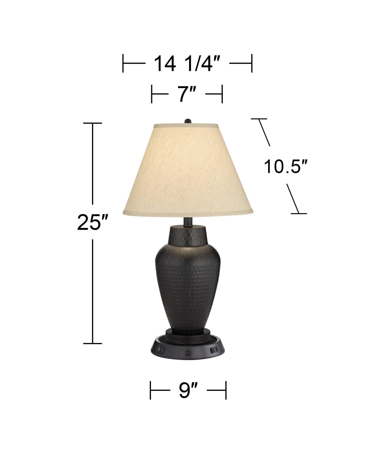 Regency Hill Auburn Rustic Farmhouse Table Lamp 25" High Bronze Hammered with Dimmable Usb Workstation Base Linen Empire Shade for Living Room