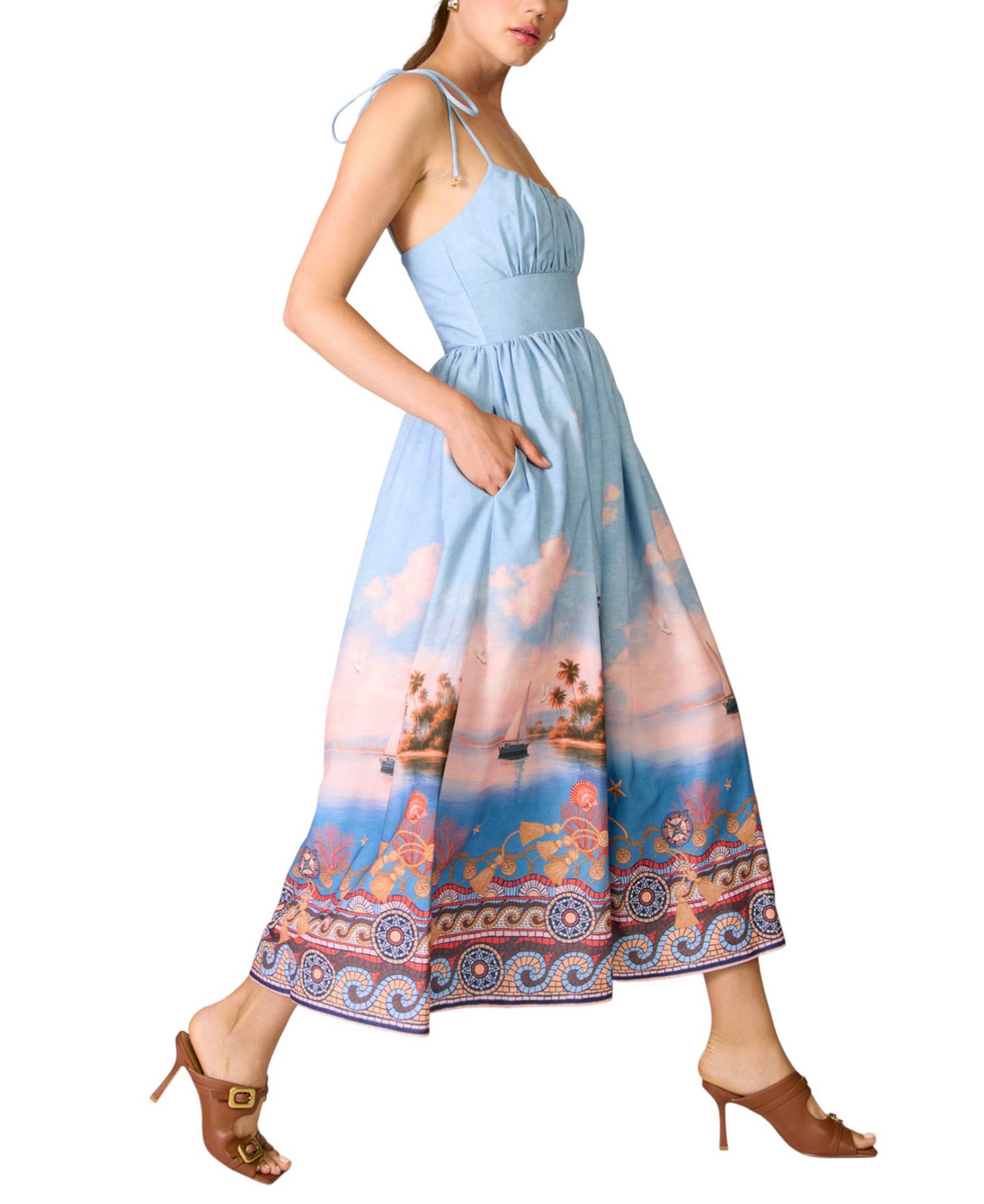 Женское платье Line & Dot Pernille Square Neck Sleeveless Printed Midi, цвет: Синий — фото 4