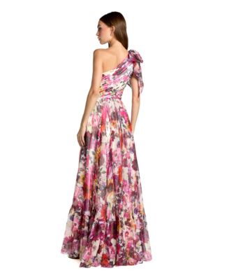 Women's Side Cut Out One-Shoulder Floral Chiffon Gown