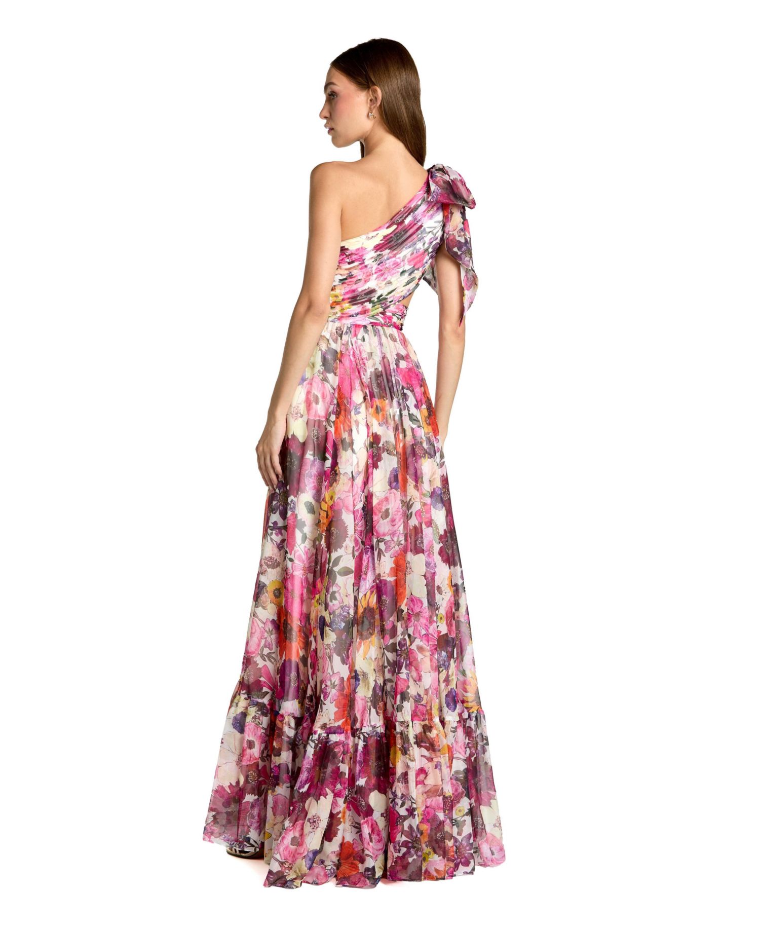 Women's Side Cut Out One-Shoulder Floral Chiffon Gown