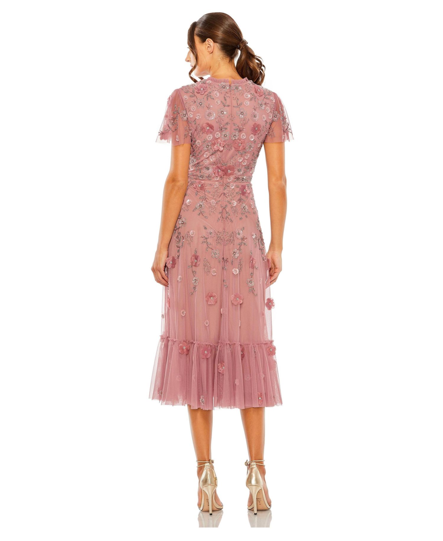 Petite Embellished High Neck A-Line Dress with Flutter Sleeves