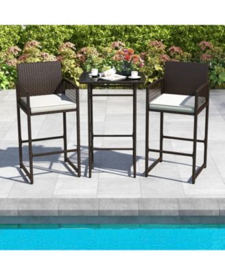 3-Piece Wicker Outdoor Bar Set with Tempered Glass Table and Cushioned Armchairs