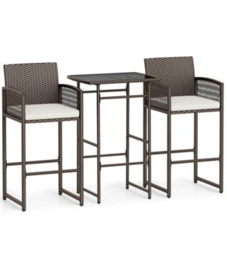 3-Piece Wicker Outdoor Bar Set with Tempered Glass Table and Cushioned Armchairs