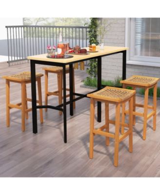 Acacia Wood Outdoor Bar Stools Set of 2 with Woven Rattan Seats